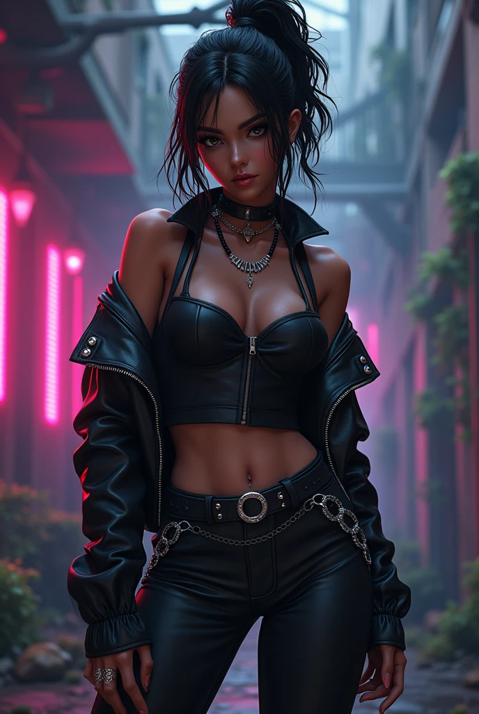 Create a full body anime style young female 3D character, representing the retro of the 90s, with dark purple tone, verde y azul oscuro que reflejen una figura enigmática y reserved; look as if challenging, serious and the eyes are angular; a posture that reflects a confident and somewhat challenging attitude. He has brown skin. dark makeup (earth tones), too much eyeliner, I would use leatherette, large silver chains and studs, black heeled boots, very tight blouses as well as their pants. Hairstyle with gel, gathered into a high ponytail or short layered and messy. His intelligence is sharpened, making her a master strategist, His critical attitude distances him from others. He is an intelligent character, strong, cool, powerful, but at the same time cold, reserved, naughty and very sarcastic. Let it be seen that his appearance is digitally sculpted