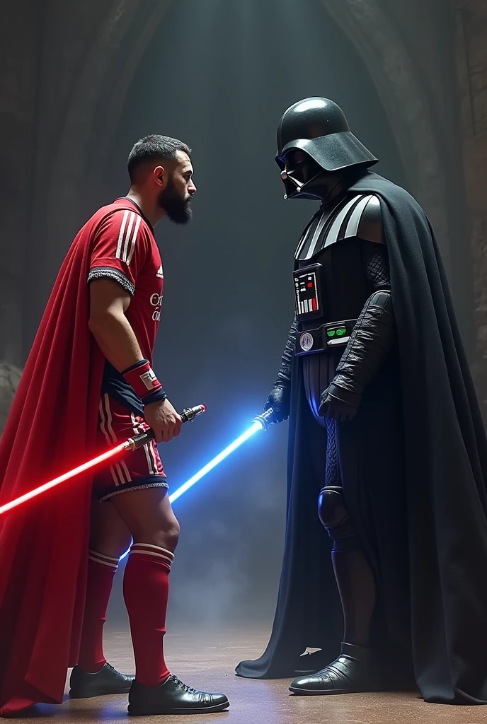 create a scene in which Darth Vader is with a blue sword in his hand in front of a man taller than him, with short hair, round face and short beard wearing a red soccer jersey , a red cloak and a red sword in his hand