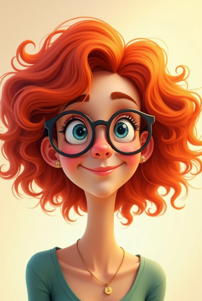 Red curly hair, woman, round bottom glasses, animated, smile, blue eyes, small neck