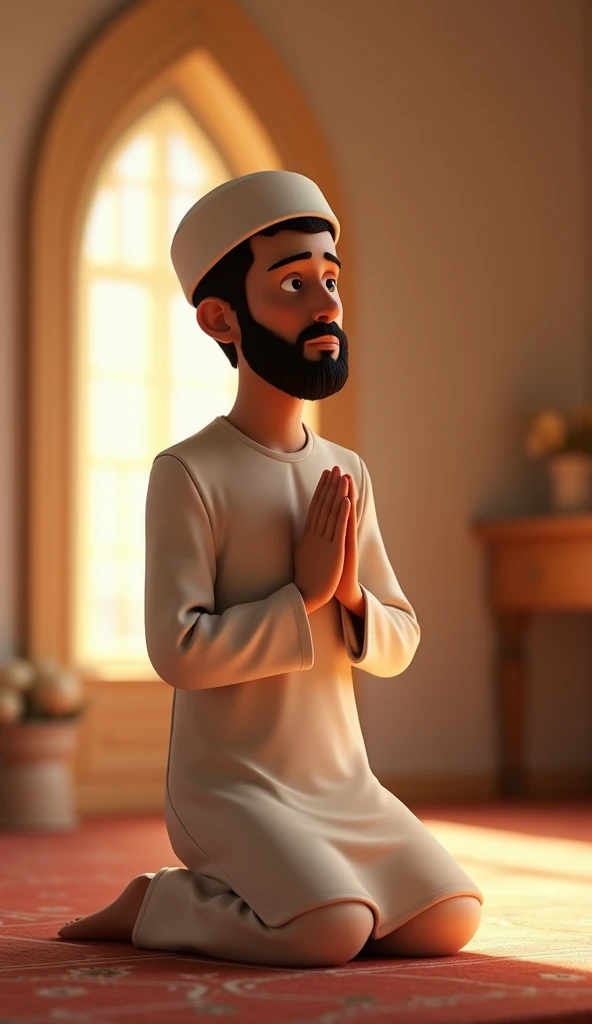 3d pixar style of A Muslim man praying in a modest room, dressed in simple clothes that cover from his navel to his knees. He is deeply focused on his prayer, the room is softly lit with minimal decor, evoking a sense of peace and devotion
