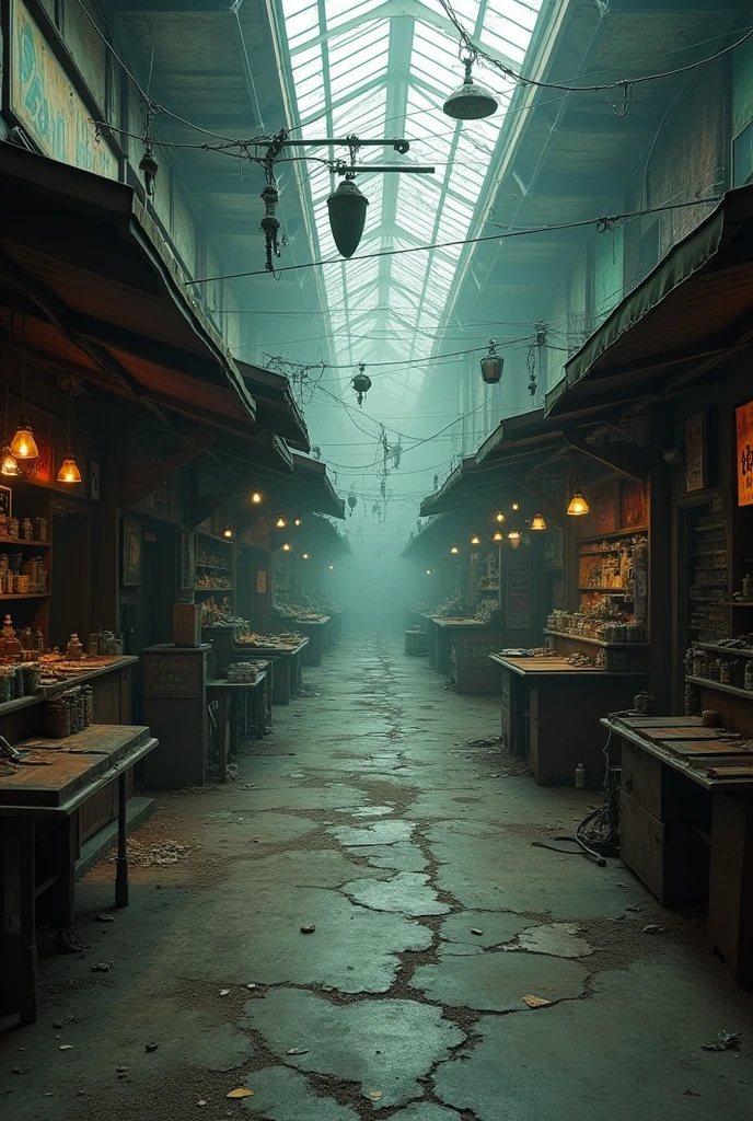 market with no people and with bad lighting, dreamcore, realistic, old lens