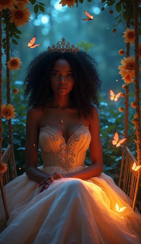fairy, This is an elegant and ornate fantasy masterpiece with a lot of shimmer, glitter, and intricate ornate detail. Generate a Jamaican woman resting on a gilded and flowered garden swing at night. Her eyes are ultra-detailed with intricate realistic shading and bold, bright hues. She is a beautiful and seductive butterfly queen with stunning curly black hair, (((incredibly realistic and detailed dynamic eyes in bright colors with realistic shading))). She wears a delicate and elegant crown and a gown spun from luxurious gossamer silk and satin with subtle, intricate, and hand-embroidered bodice detailing as well as subtle floral detailing and gold silk butterfly sleeves. Her face is lovely and lonely. Include glow-in-the-dark flowers, lots of particles, highly realistic fantasy butterflies with translucent jewel-toned wings and fine detailing, and glow. The artwork is done in the style of Guviz and brings to mind masters in the genre such as trending fantasy works on Artstation and Midjourney. Camera: Utilize dynamic composition techniques to emphasize etherealness and delicate detail. The colors in this artwork are saturated, romantic, and rich.