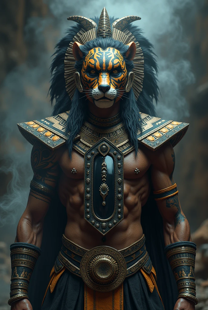 god tezcatlipoca, Aztec warrior attire with a black stripe across the eyes, skin painted like a jaguar, On the chest a black mirror from which smoke emanates