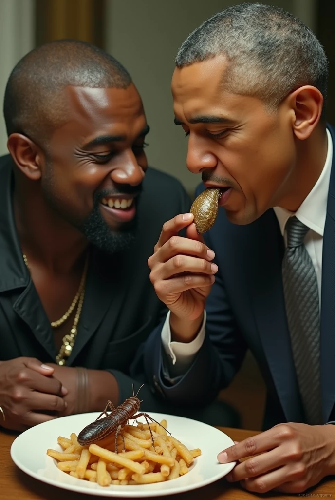 Make a picture of Kanye West with Barack Obama eating a bug
