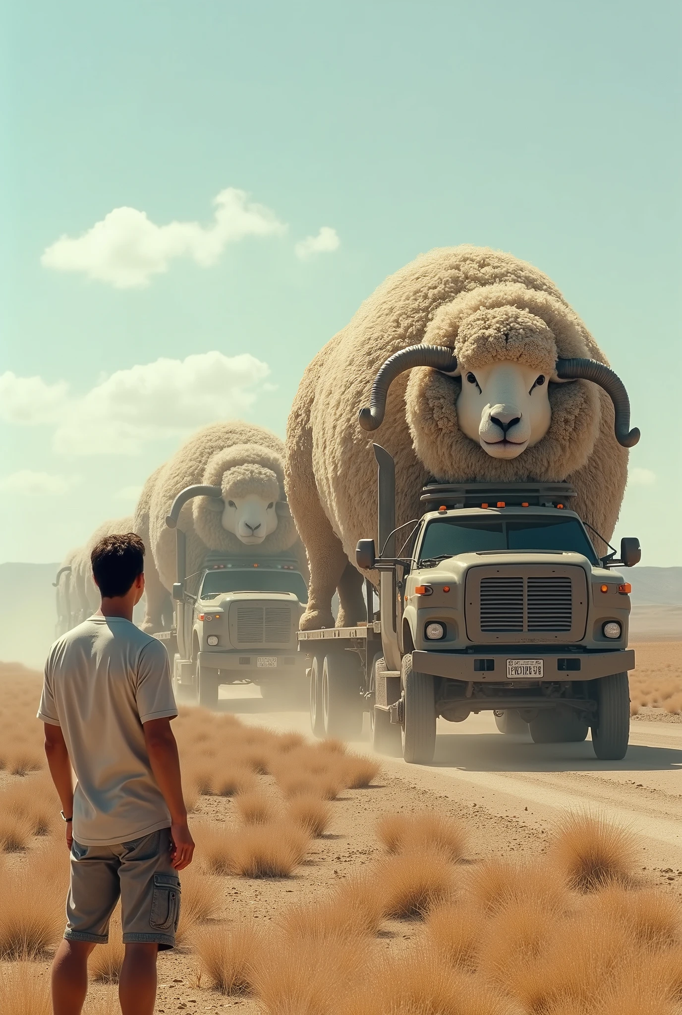 A man wearing a summer shirt and summer shorts looks from a distance at a convoy of four-wheel drive vehicles pulling a giant, very realistic, real narrative sheep.
