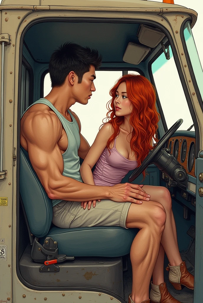 create an image inside a truck cabin, a muscular korean man is driving, the passenger is a red-haired woman with long, wavy hair, blue eyes wearing a boho dress and country boots. The two are looking at each other next to each other in the form of a drawing.
