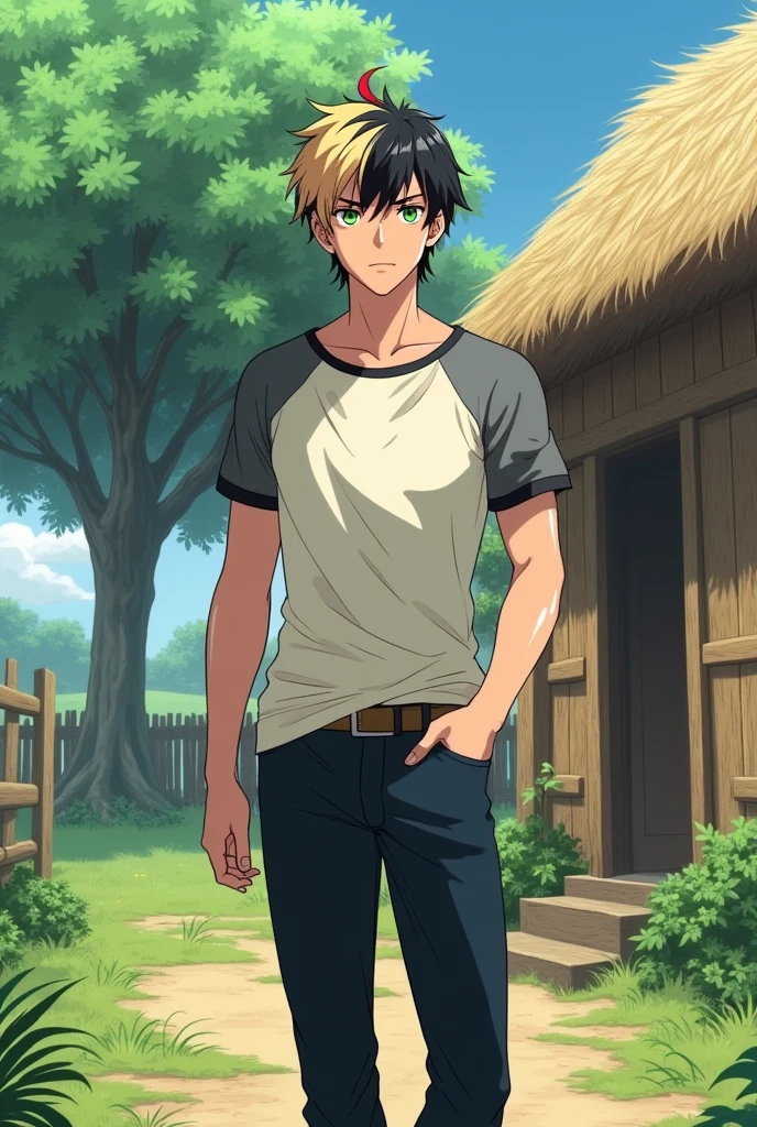 a fantasy anime boy with short and tidy "some blonde and some black hair with a little much red hair" mixed . White shirt with gray short sleeves and black edges, cream colored t-shirt underneath. The buttons are closed. Standing in front of the door of a house with straw walls and a hay roof. Among the greens and a single big tree facing. Old navy pants and old brown sandals. a strong exerciser and tall body that looks a little hot . looking at you dead seriously in a simple pose . . shiny green eyes that have red halo around the pupils