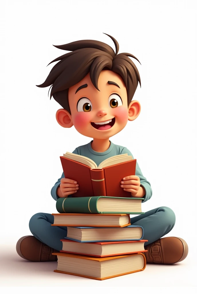 Draw a boy of 14- happy with books in his hands on a white background