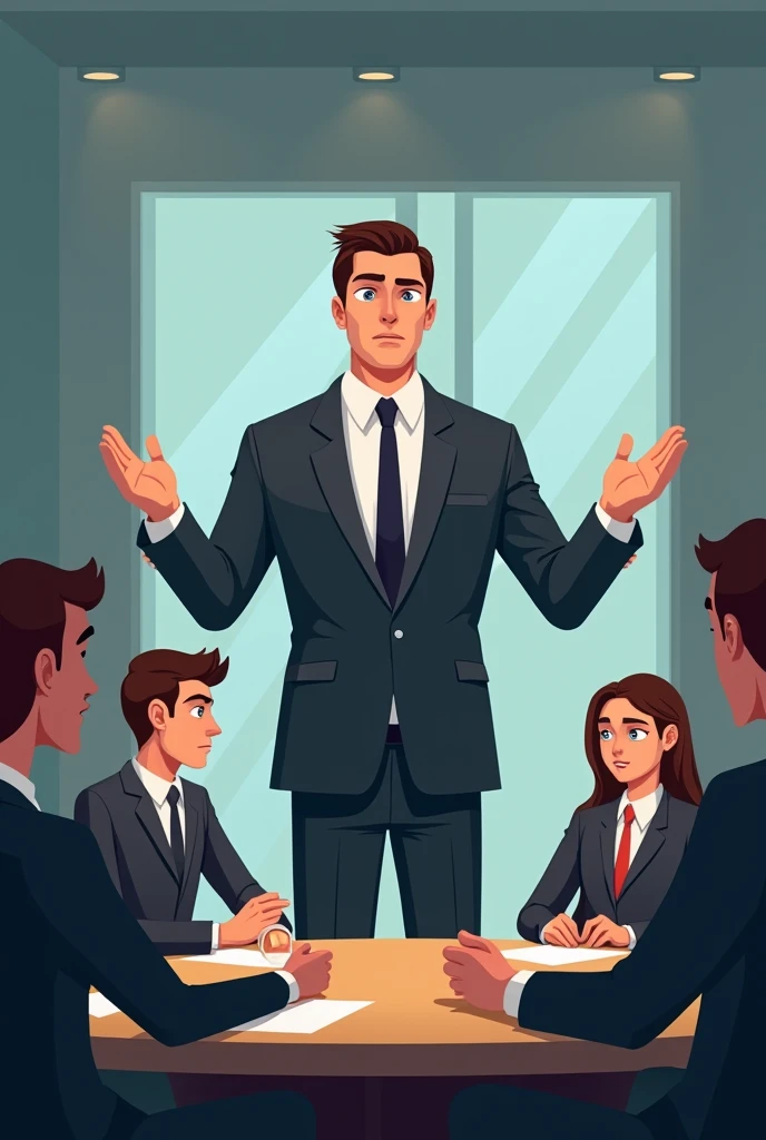 Make an image about the lack of understanding between employees and management in a company, the boss talking and the employees confused