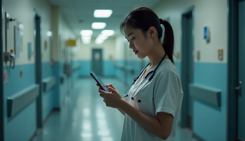 Create an image of an Asian female nurse playing on her phone.,Sexual harassment,rape,card