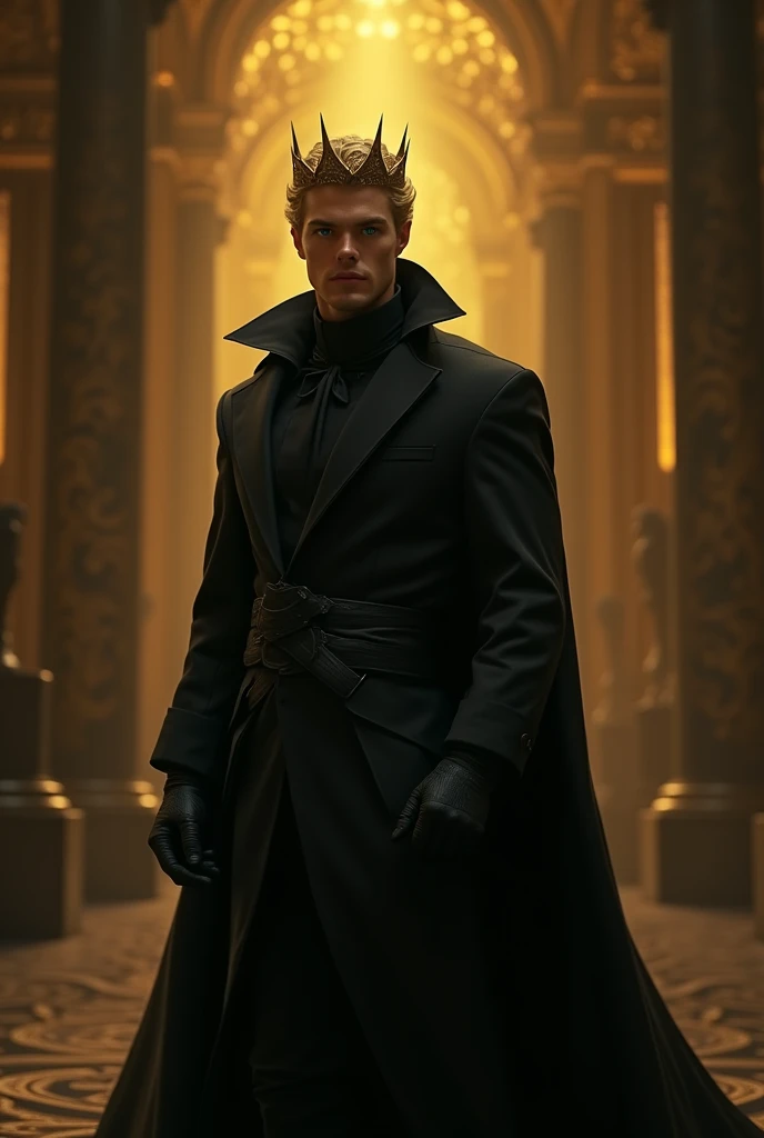A distant image, at night, un hombre extremadamente hermoso y very engreído, golden hair, very masculino, very guapo, big and fit, green eyes, dressed in black, all covered with the cape, He is a king, with black gloves on his hands, with a black cape, a golden crown on its side, at night, in the background a golden room with black, very poco iluminada, very, pero very hermoso