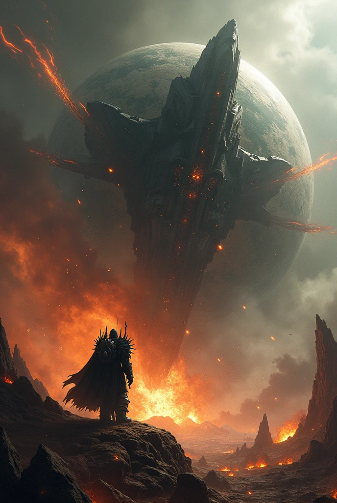 An image of Abaddon the Despoiler destroying the planet Cadia with the black ship, Warhammer 4k