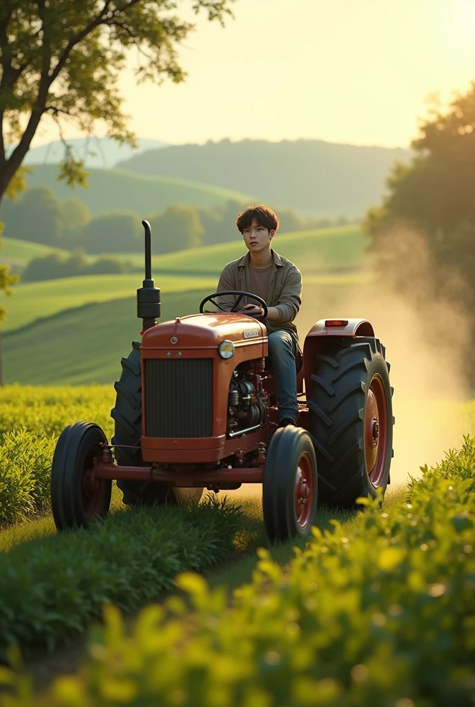 Jungkook driving a tractor in a field