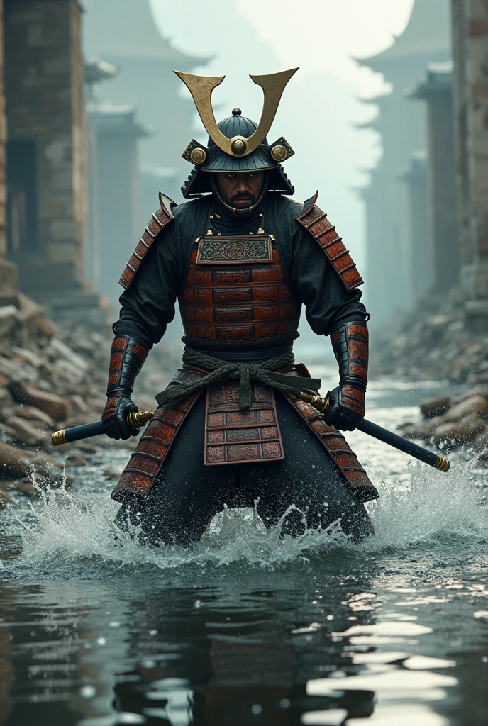 absurdrez, high resolution, super verbose, comely, work of art, highest quallity、水面に光がreflectionしている、reflection、textura realisitic、realisitic、Real、realisitic、Blur、Samurai、armors、japanese sword、fight、Combat Ready、anger、karo、Broken building、horseback、