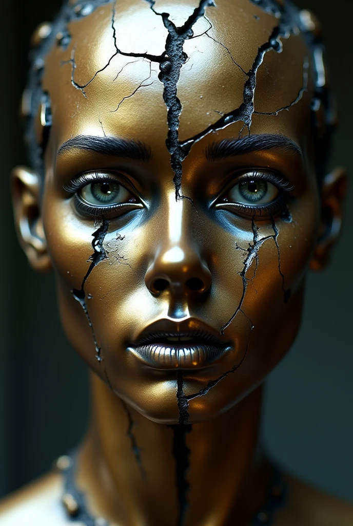 An extremely detailed shot of the head of a bronze figure with a cracked and shattered face, hlboké praskliny a chýbajúce črepiny odhaľujú spodnu vestvu zonatriebra. krehkosť, krvave slzy sa lesknú, as they flow over a broken surface, eyes filled with intense and deep sadness, every detail of the shattered bronze is highlighted, hard and focused lighting, which accentuates cracks and tears on the face, blurred background to emphasize raw emotion and vulnerability, hyperrealistické, film lighting.