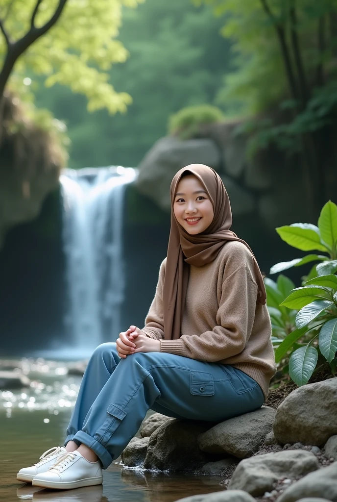 beautiful Korean girl, smooth white skin, well-groomed face, brown hijab, light brown knitted shirt, white shoes, blue cargo pants, sitting on the edge of a small rocky river, sitting on a tree, behind there is a waterfall and beautiful trees, smiling facing the camera , full body, super detailed, real photo, realistic