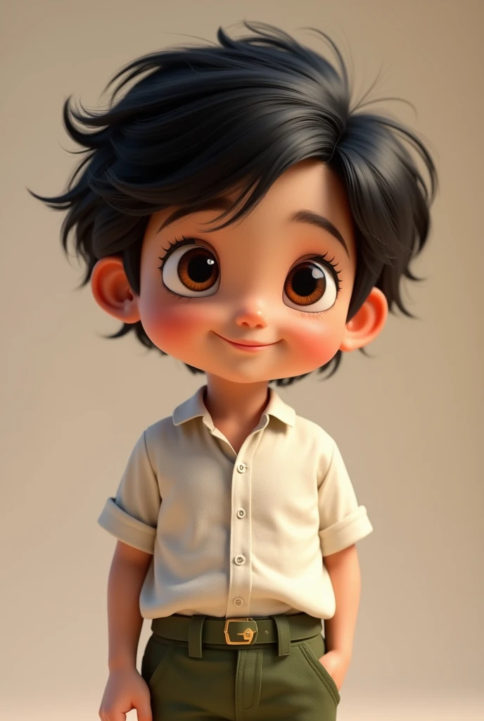 Image of a baby with black hair, round eyes and a mole on the left side of the cheek wearing a white shirt and military green pants in Pixar 3D