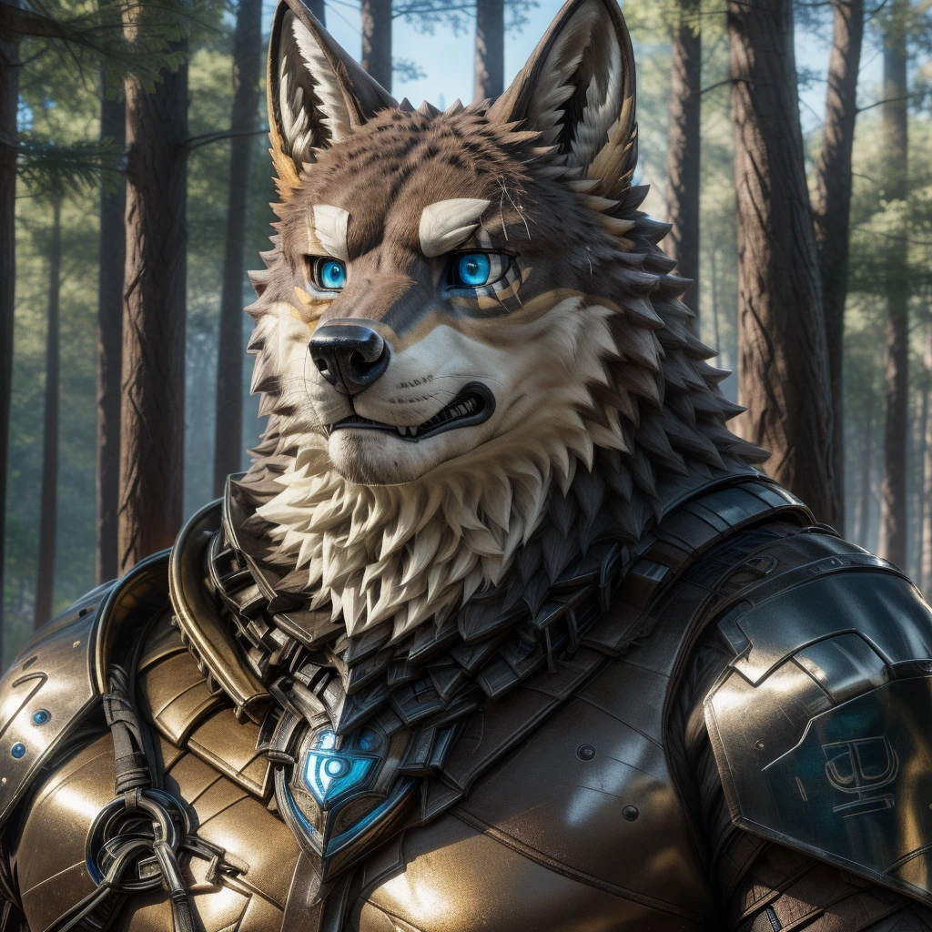 (Highest quality, 32k HDR:1.2), Very detailed, Realistic, photoRealistic, To convert, character, Ogami Aratsuka, Ultimate, Looking at the audience, blue eyes, Realistic golden armor, forest, PlayStation 5 graphics, 32k HDR