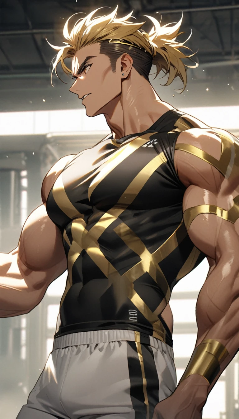 Muscular man in white and gold fitness clothes，Cool Hairstyle