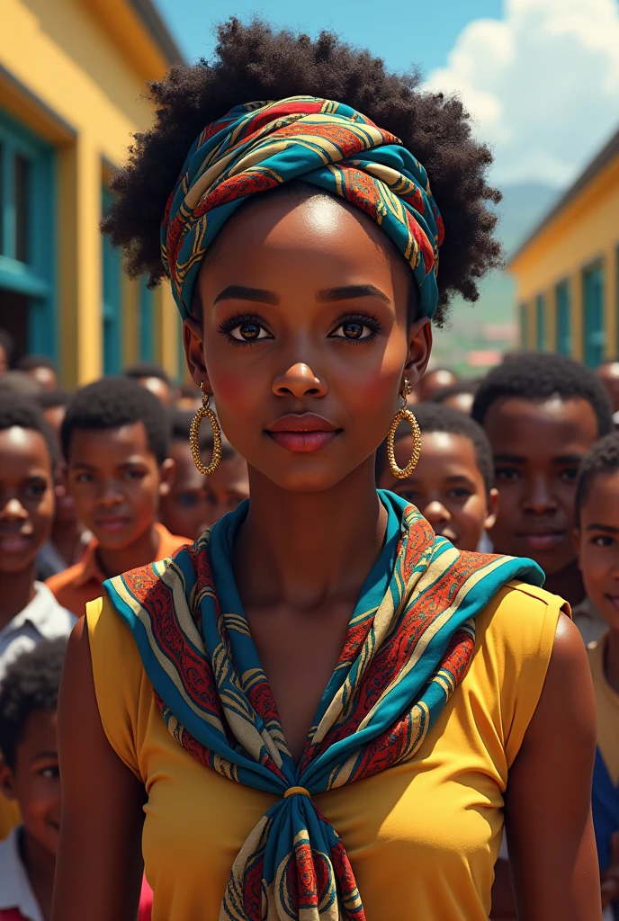 Marie Jeanne vendeuse de griot se tient devant la sortie d'une école en Haïti. Students rush to buy. Ils sont contents.  Cadre typiquement haïtien coloré, Marie Jeanne wears a scarf, She is very beautiful 