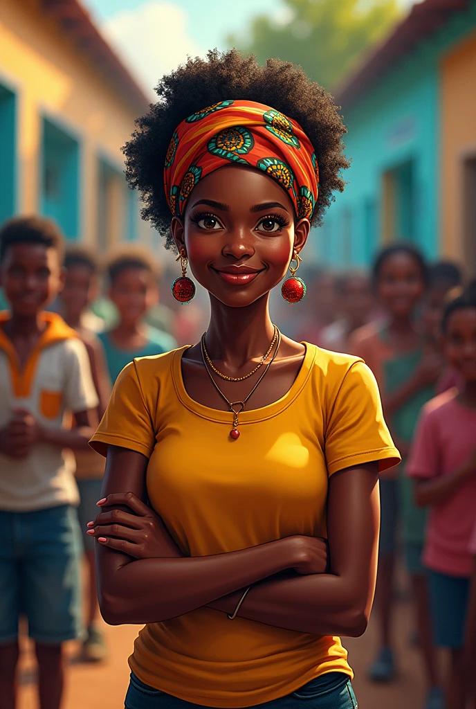 Marie Jeanne vendeuse de griot se tient devant la sortie d'une école en Haïti. Students rush to buy. Ils sont contents.  Cadre typiquement haïtien coloré, Marie Jeanne wears a scarf, She is very beautiful 