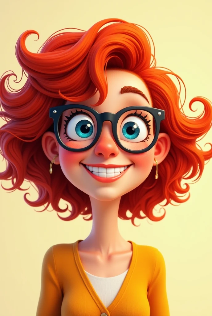 Red curly hair, woman, round bottom glasses, animated, smile, blue eyes, small neck