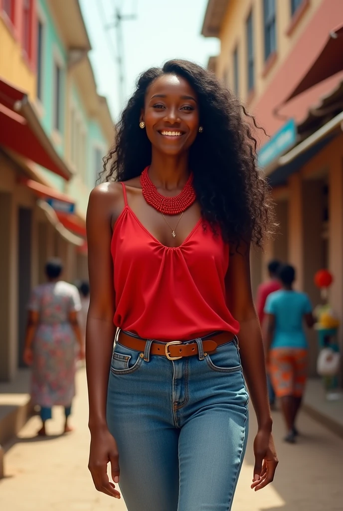 Black African woman, honey brown skin. Red too and blue jeans. Long black hair. Red necklace. Walking and smiling on a busy African street . Ultra high quality.