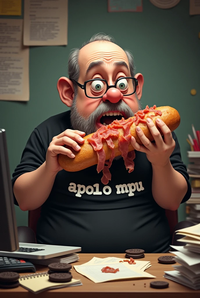 white male, aged 50, baldie, wrinkled face, cheeky, Scrawny, but very pot-bellied, wearing glasses and eating baguette with lots of ham. Sitting behind a rather messy desk with a computer, stacks of papers, Oreo crumbs and cookies. Wearing a black shirt with the following phrase: APO1O MPU.