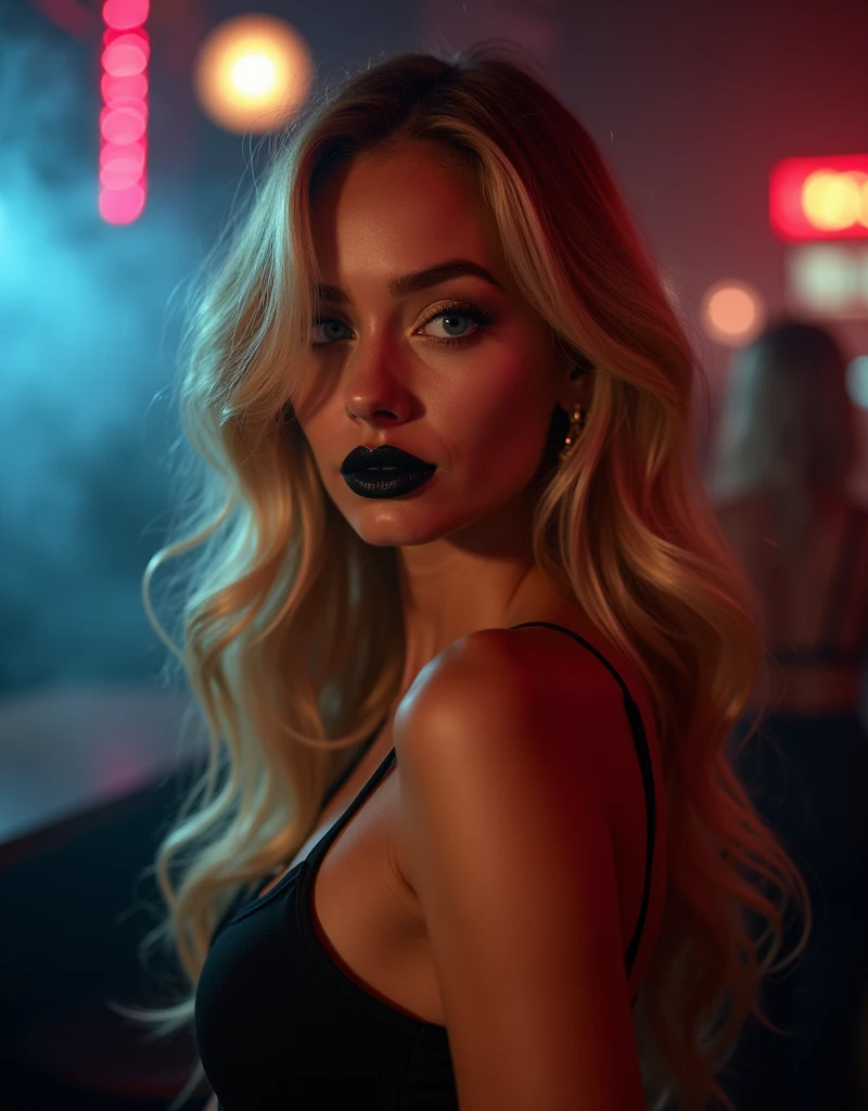 A bewitching American woman, solo, posing in a dimly lit, smoke-filled nightclub. The camera frames her from the waist up, highlighting her stunning features. Her long, voluminous wavy blonde hair cascades over her right eye, framing her face like a golden halo. Arched and thin neat eyebrows seem to beckon the viewer's gaze towards her double eyelids, reflecting the clear blue hues of her piercing eyes. A smooth nose and beautiful nostrils lead down to her luscious, glossy black lips, which curve into a seductive smile, as if sharing a secret only she knows. Her sharp jawline and mature, chiseled features create an overall work of art, showcasing her stunning celebrity beauty.