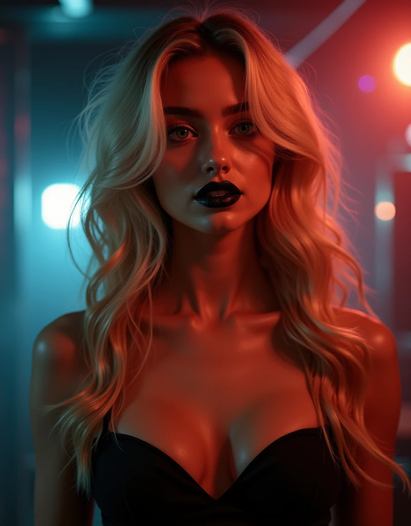 A bewitching American woman, solo, posing in a dimly lit, smoke-filled nightclub. The camera frames her from the waist up, highlighting her stunning features. Her long, voluminous wavy blonde hair cascades over her right eye, framing her face like a golden halo. Arched and thin neat eyebrows seem to beckon the viewer's gaze towards her double eyelids, reflecting the clear blue hues of her piercing eyes. A smooth nose and beautiful nostrils lead down to her luscious, glossy black lips, which curve into a seductive smile, as if sharing a secret only she knows. Her sharp jawline and mature, chiseled features create an overall work of art, showcasing her stunning celebrity beauty.