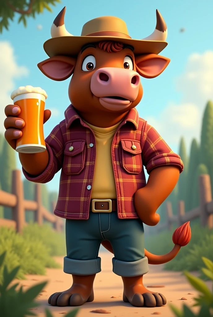 University mascot for the Faculty of Agronomy, of an animated bull, with a beer in hand and a cowboy hat and a plaid shirt. AGRONOMY 