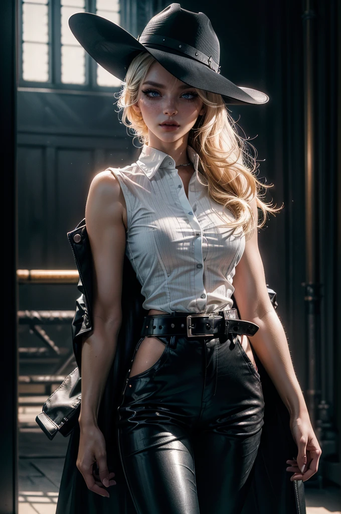 cowboy shot,a pretty 2 girl,blond hair,blue eyes,lora_Emma,slim athletic body,tight and stretched white blouse with buttons,button gap,short sleeves,pokies,ultra low rise black shiny latex pants,(double metal belt),empty studiobackground,((black coat on shoulders)),(best quality,4k,8k,highres,masterpiece:1.2),ultra-detailed,(realistic,photorealistic,photo-realistic:1.37),dramatic lighting,cinematic,fashion photography,studio lighting,high contrast,vivid colors,beautiful detailed eyes,beautiful detailed lips,extremely detailed eyes and face,long eyelashes, touching hair