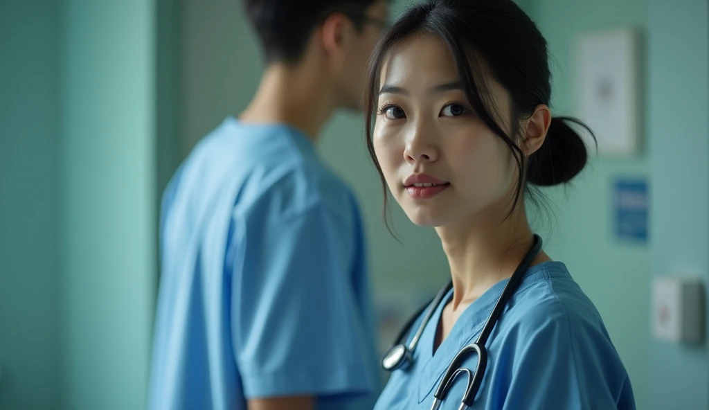 Create an image of an Asian female nurse assistant,Sexual harassment,rape,card