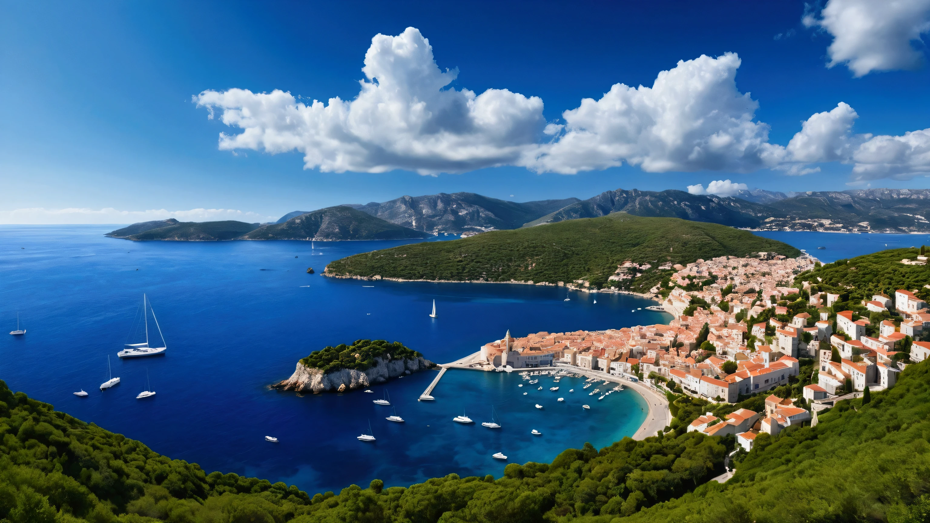 Create an ultra-high-definition, photorealistic image of a stunning Mediterranean bay. In the distance, the endless blue sea meets the sky with scattered white clouds, with gentle waves rolling across the water. On the left side of the image, a mountain range rises with lush green forests and snow-capped peaks. To the right, a charming hillside town with white houses featuring red roofs and blue-domed cathedrals overlooks the bay. A winding road snakes from the seaside up to the town. The town's marina is dotted with various sailboats, and on the bay, numerous boats of different sizes can be seen. In the middle of the bay, a solitary island stands with a red-roofed house and a tall, fluttering flag.