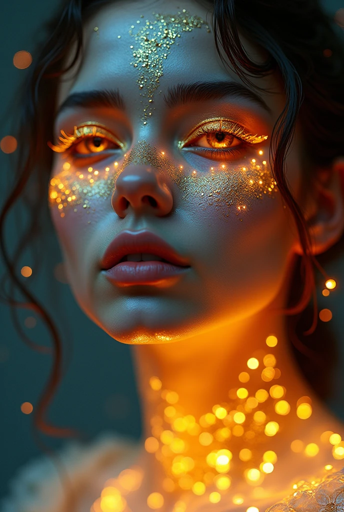 arafed woman with gold and glitter on her face, glowing magical shiny skin, glowing face, 8k artistic portrait photography, brandon woelfel, glowing with colored light, beautiful digital artwork, unreal engine : : rave makeup, beautiful fantasy portrait, fantasy portrait, cgsociety portrait, artem demura beeple, stunning digital illustration, glowing details