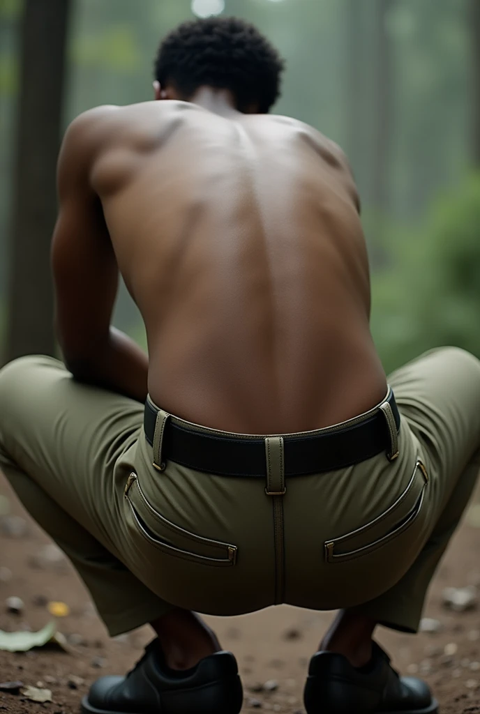 squatting in khakis, back view closeup