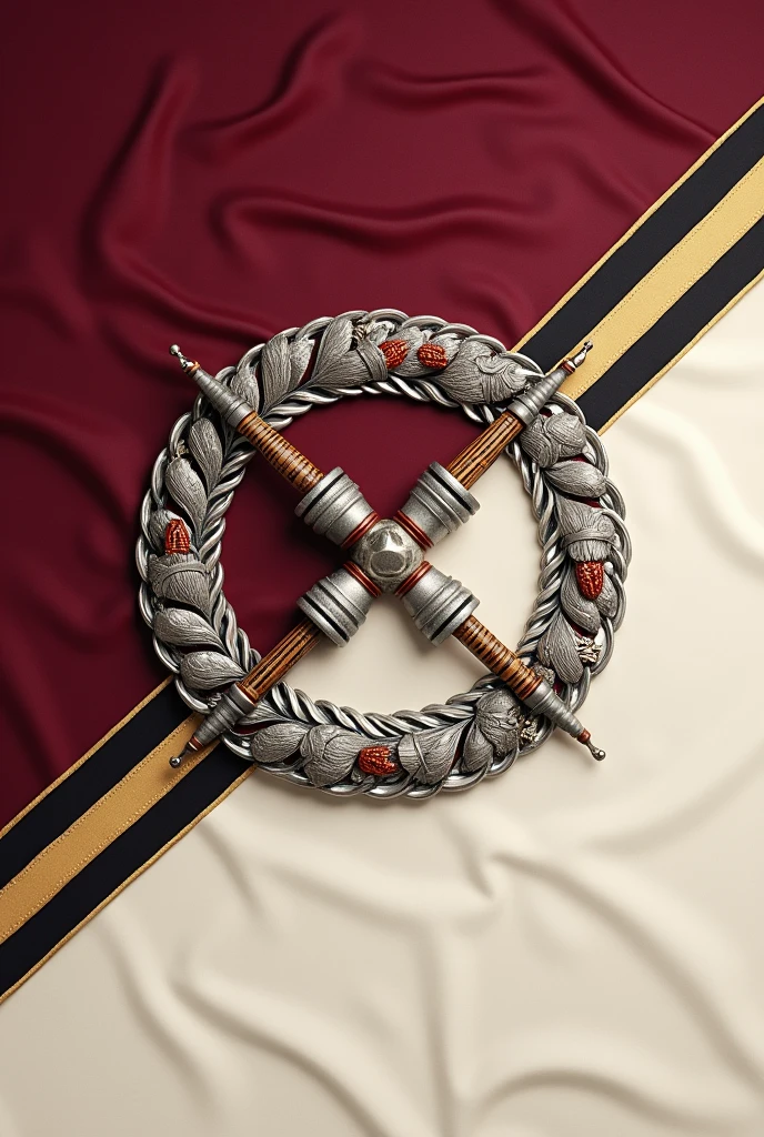 Flag Design Description:
Overall Shape: The flag retains a rectangular 3:2 ratio, providing a balanced and professional appearance suitable for both large and small displays.
Primary Colors: The background is divided diagonally from the top left to the bottom right. The upper half is a rich, deep burgundy, symbolizing tradition, craftsmanship, and the artistry involved in textile production. The lower half is a soft, yet sophisticated, cream color, representing the purity and quality of the textiles produced.
Borders: The flag is bordered by a double-line trim. The inner line is a delicate gold thread, symbolizing the luxury and fine details of high-quality textiles. The outer line is a subtle black, providing contrast and framing the design with a touch of formality.
Central Emblem Placement: The emblem is centrally positioned, ensuring it’s the focal point of the flag. It is set within a circular frame that ties the elements together harmoniously.
Emblem Design:
Core Symbol: The emblem features an intricately designed spindle and shuttle, crossed in the center, symbolizing the core of textile manufacturing. The spindle represents the tradition of spinning fibers into threads, while the shuttle signifies weaving those threads into fabric, emphasizing the company's role in every step of the textile process.
Circular Frame: Encircling the spindle and shuttle is a detailed wreath made of interwoven fabric patterns, such as herringbone, chevron, and damask, rendered in silver and gold. This symbolizes the diversity, quality, and intricacy of the textiles produced by the company.
Texture and Details: The spindle and shuttle are crafted in metallic silver with woodgrain accents, giving them a classic and high-end appearance. The threads running through them are in deep burgundy, tying them back to the flag’s upper background, and symbolizing the connection between the company’s heritage and its products.
Support Elements: At the base of the circular emblem, there