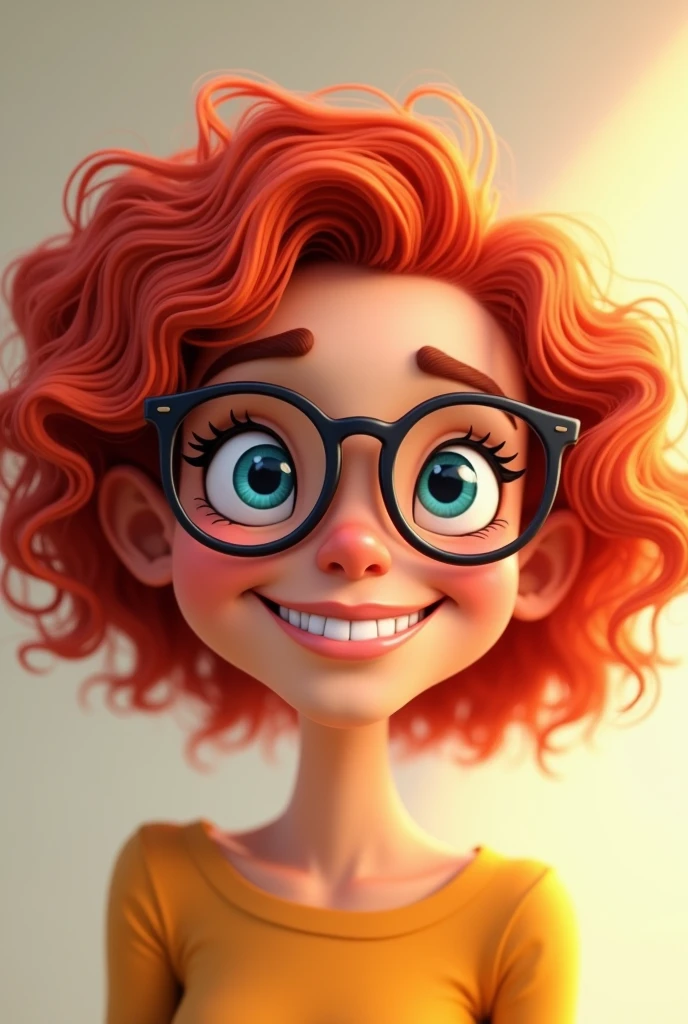 Red curly hair, woman, round bottom glasses, animated, smile, blue eyes, small neck