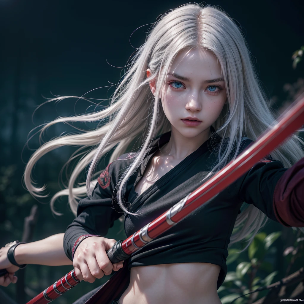 boy,white hair,bluish eyes,holding dark green katana,girl with red eyes,floating,red hair,purple streaks,(best quality,4k,8k,highres,masterpiece:1.2),ultra-detailed,(realistic,photorealistic,photo-realistic:1.37),fantasy,cinematic lighting,dramatic pose,vibrant colors,intricate details