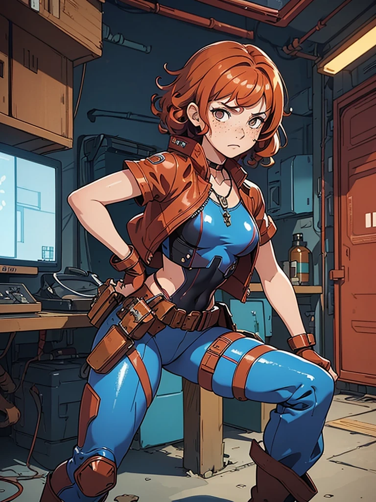 (masterpiece), (best quality), (1girl), (adult), (copper red hair), (curly hair), (short hair),  body figure, small breasts, (brown eyes), freckles, (blue cyberpunk outfit), (blue battle outfit),(badass outfit),boots, chocker necklace