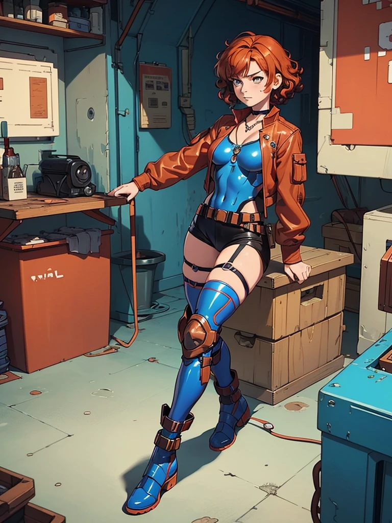 (masterpiece), (best quality), (1girl), (adult), (copper red hair), (curly hair), (short hair),  body figure, small breasts, (brown eyes), freckles, (blue cyberpunk outfit), (blue battle outfit),(badass outfit),boots, chocker necklace