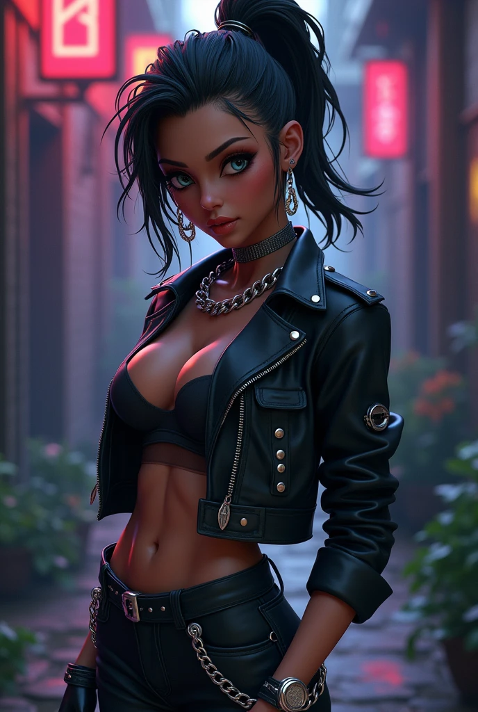 Create a full body anime style young female 3D character, representing the retro of the 90s, with dark purple tone, verde y azul oscuro que reflejen una figura enigmática y reserved; look as if challenging, serious and the eyes are angular; a posture that reflects a confident and somewhat challenging attitude. He has brown skin. dark makeup (earth tones), too much eyeliner, I would use leatherette, large silver chains and studs, black heeled boots, very tight blouses as well as their pants. Hairstyle with gel, gathered into a high ponytail or short layered and messy. His intelligence is sharpened, making her a master strategist, His critical attitude distances him from others. He is an intelligent character, strong, cool, powerful, but at the same time cold, reserved, naughty and very sarcastic. Let it be seen that his appearance is digitally sculpted