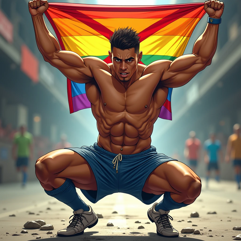 anime art, marvel art style, a 1 hot sweaty latin tanned male, wearing soccer uniform, big bulge, holding a lgbt flag with a red X mark in it, squatting down