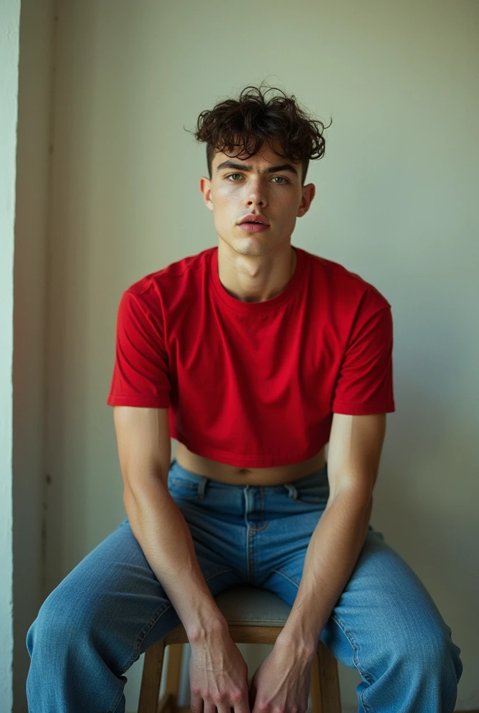 high fashion photography of a thick-bodied young man as a ((starship engineer)) with ((emo haircut)) wearing (retro 80s clothes),dressed in red crop top,blue jeans,light textures,plain wall,neutral colors,indoor setting,seated,arms crossed,legs bent,centered subject,eye-level shot,straight angle,clear perspective,at the river,recessed lighting,(birds eye view:1.1),shot on Sigma fp with Sigma 45mm f-2.8 DG DN,photo by Karl Blossfeldt