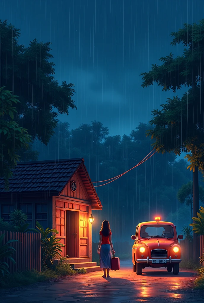 old South Indian home and this home is left side of the image only side view of the image, old South Indian home and this home is left side of the image, anime version, cartoon style, animation, Night time, dark sky, stars in that night sky, lots of rain, reddish street light, beautiful scene at night, old South Indian village home and this home is left side of the image, taxi standing outside of her home, beautiful girl waiting outside her home looking at the taxi with her suitcase in her hand, girl wearing red color top and blue color skirt, lots of trees surrounding of that house, 64 K High definition Image quality, Camera used to capture this image is SONY HIGH DEFINITION 64K LENSES DSLR, aspects ratio of the image is 9:16.