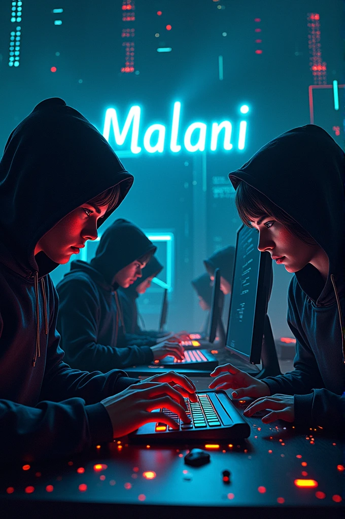 Hackers taip background
Background color is dark black,blue and sky dark blue
Name of word Malani is light colors