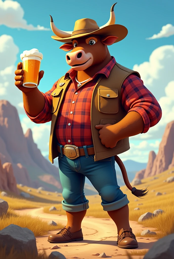 University mascot for the Faculty of Agronomy, of an animated bull, with a beer in hand and a cowboy hat and a plaid shirt. Agronomy with references from the Yellowstone series 