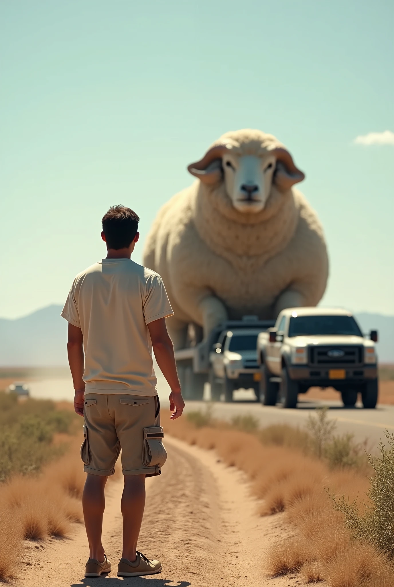 A man wearing a summer shirt and summer shorts looks from a distance at a convoy of four-wheel drive vehicles pulling a giant, very realistic, real narrative sheep.