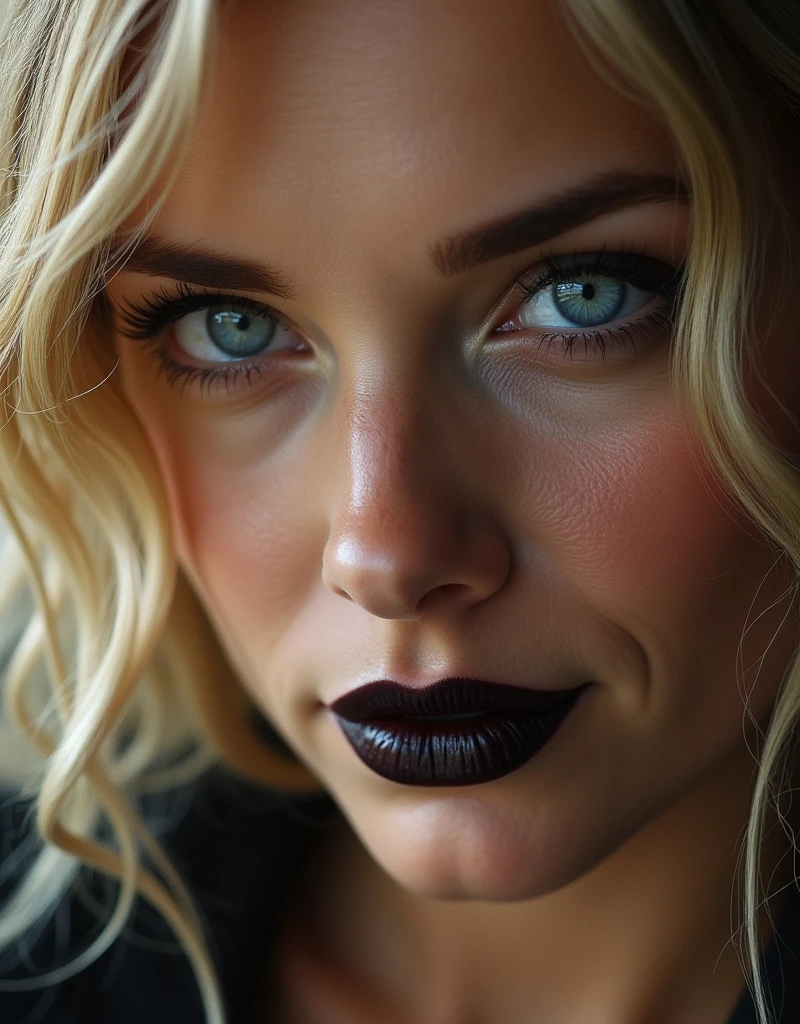 A close-up shot captures the mesmerizing gaze of a stunning 3 American woman. Her wavy blonde locks cascade over her right eye, framing her striking features. Thin arched eyebrows and double eyelids accentuate her piercing clear blue eyes, gleaming like polished gemstones. A smooth nose and elegant nostrils lead to luscious black lips, curled into a sultry smile. Her chiseled jawline and mature beauty radiate confidence, as if she's a work of art come to life.