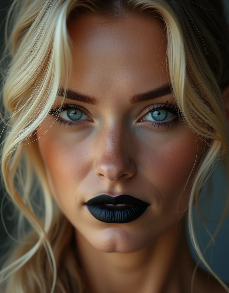 A close-up shot captures the mesmerizing gaze of a stunning 3 American woman. Her wavy blonde locks cascade over her right eye, framing her striking features. Thin arched eyebrows and double eyelids accentuate her piercing clear blue eyes, gleaming like polished gemstones. A smooth nose and elegant nostrils lead to luscious black lips, curled into a sultry smile. Her chiseled jawline and mature beauty radiate confidence, as if she's a work of art come to life.